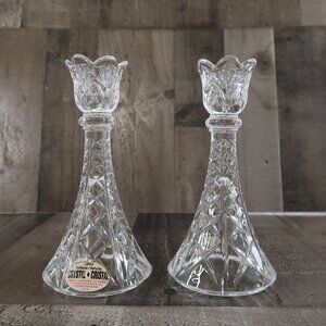 Pair of DePlomb Lead Crystal Taper Candlestick Holders Cut Glass Tulip 8" USA